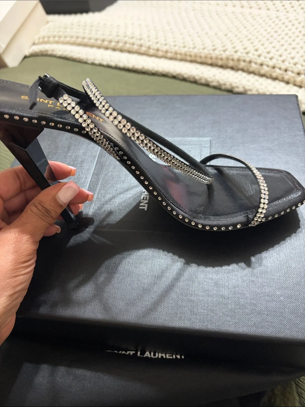 Saint Laurent Black Leather Rhinestone-Strap Heels - Picture 2 of 4